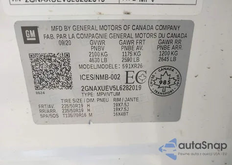 2020 Chevrolet Equinox Awd Lt 1.5L Turbo z USA, uszkodzony, nr VIN 2GNAXUEV5L6282019